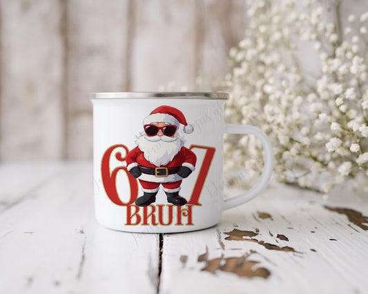 Six Seven Christmas enamel mug, 67 bruh Santa cup, Festive drinkware for Children