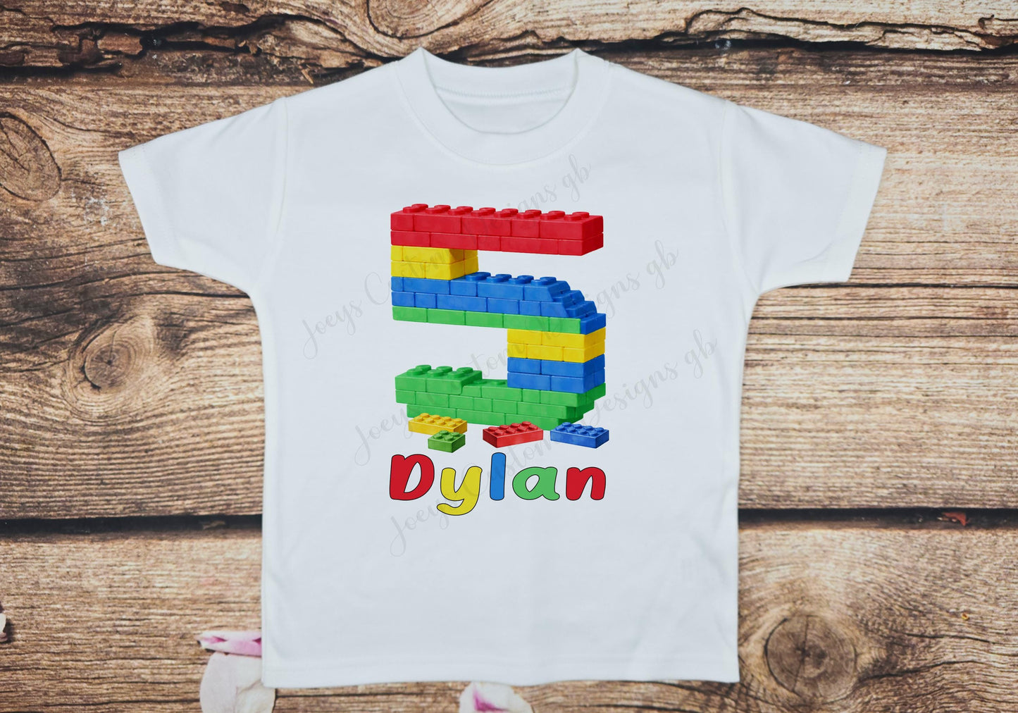 Children's personalised building block birthday t-shirt, kids construction bricks number tee, child's birthday gift