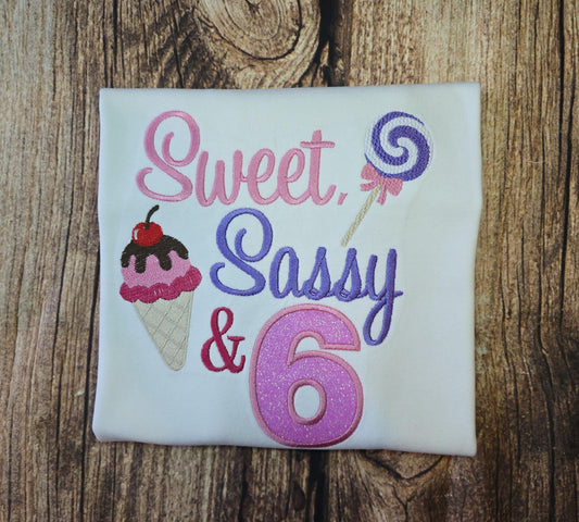 Sweet, Sassy and Six embroidered birthday t-shirt, 6 Year old birthday shirt, children's celebration outfit, child's gift