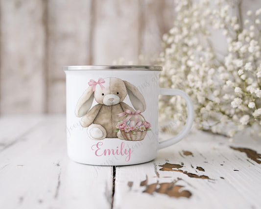 Children's personalised easter mug, Kids rabbit with basket enamel cup, Metal drinkware, Childs Easter gift, bunny with bow
