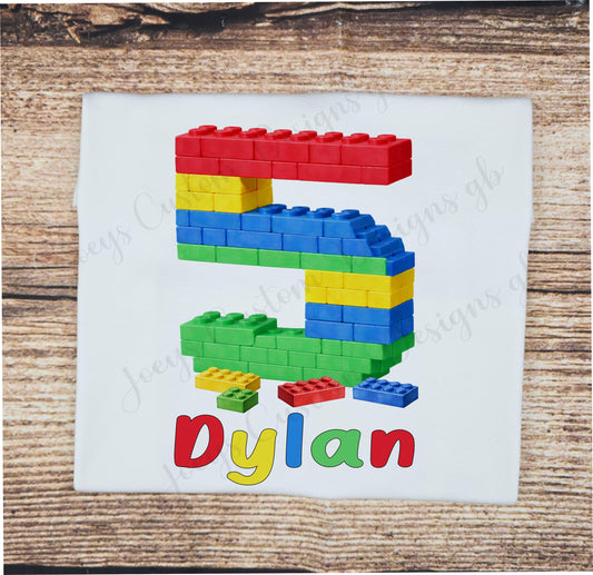 Children's personalised building block birthday t-shirt, kids construction bricks number tee, child's birthday gift