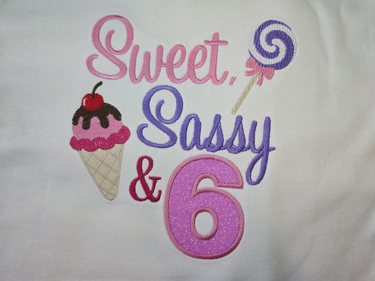 Sweet, Sassy and Six embroidered birthday t-shirt, 6 Year old birthday shirt, children's celebration outfit, child's gift