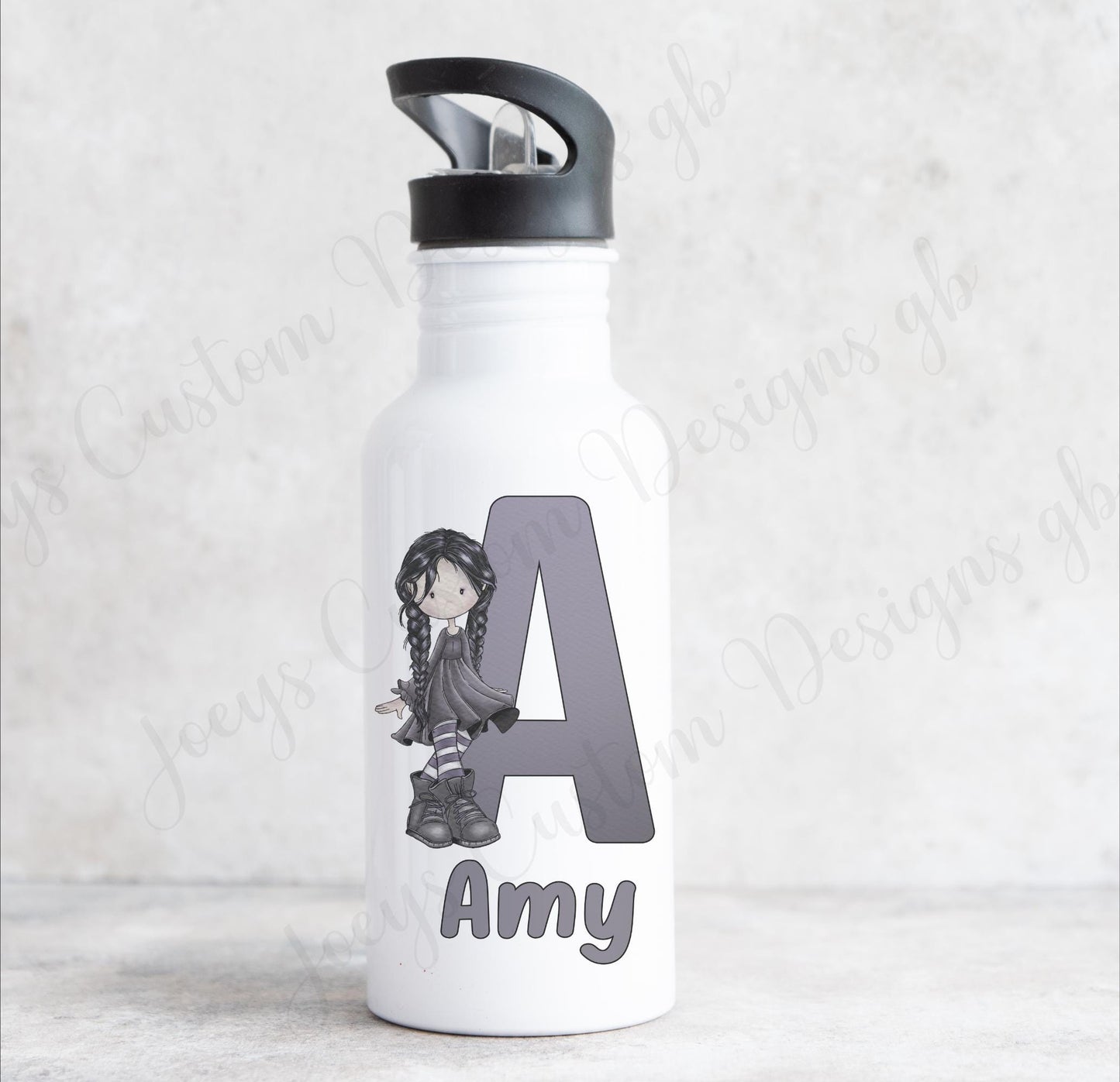 Goth girl personalised water bottle, stainless steel drinks bottle with straw, metal drinkware, school accessories