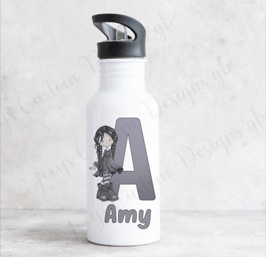 Goth girl personalised water bottle, stainless steel drinks bottle with straw, metal drinkware, school accessories