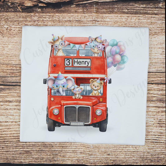 Children's red bus birthday tshirt, kids party bus celebration tee, personalised clothes