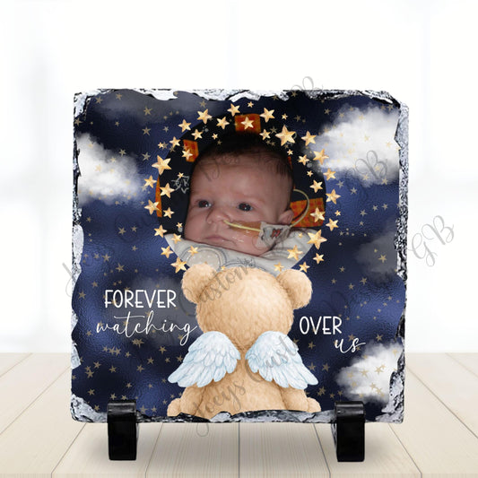 Memorial photo slate, angel teddy bear rock slate, Baby/child loss gift