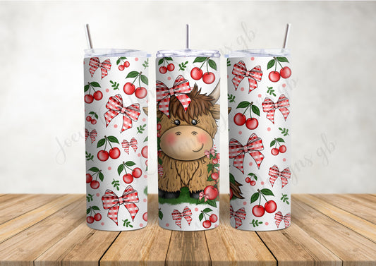 Highland cow and cherries 20 oz tumbler with straw, Metal water bottle, stainless steel drinkware