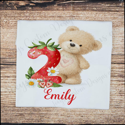 Childrens personalised birthday t-shirt, kids strawberry tee, Childs teddy bear celebration top