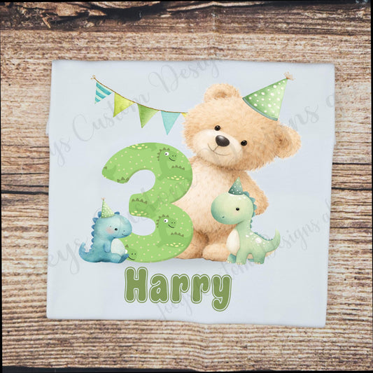 Children's dinosaur birthday t-shirt, kids personalised teddy bear and dino tee