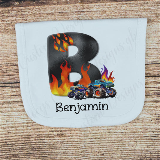 Personalised monster truck bib, New baby gift, baby and toddler feeding accessories, burp cloth
