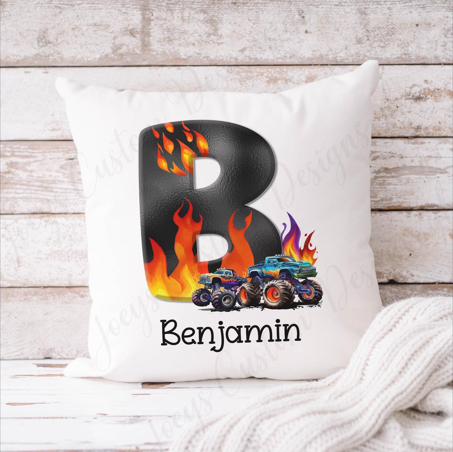 Children's personalised monster truck cushion, kids initial scatter cushion, Nursery and bedroom decor
