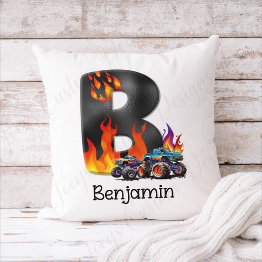 Children's personalised monster truck cushion, kids initial scatter cushion, Nursery and bedroom decor