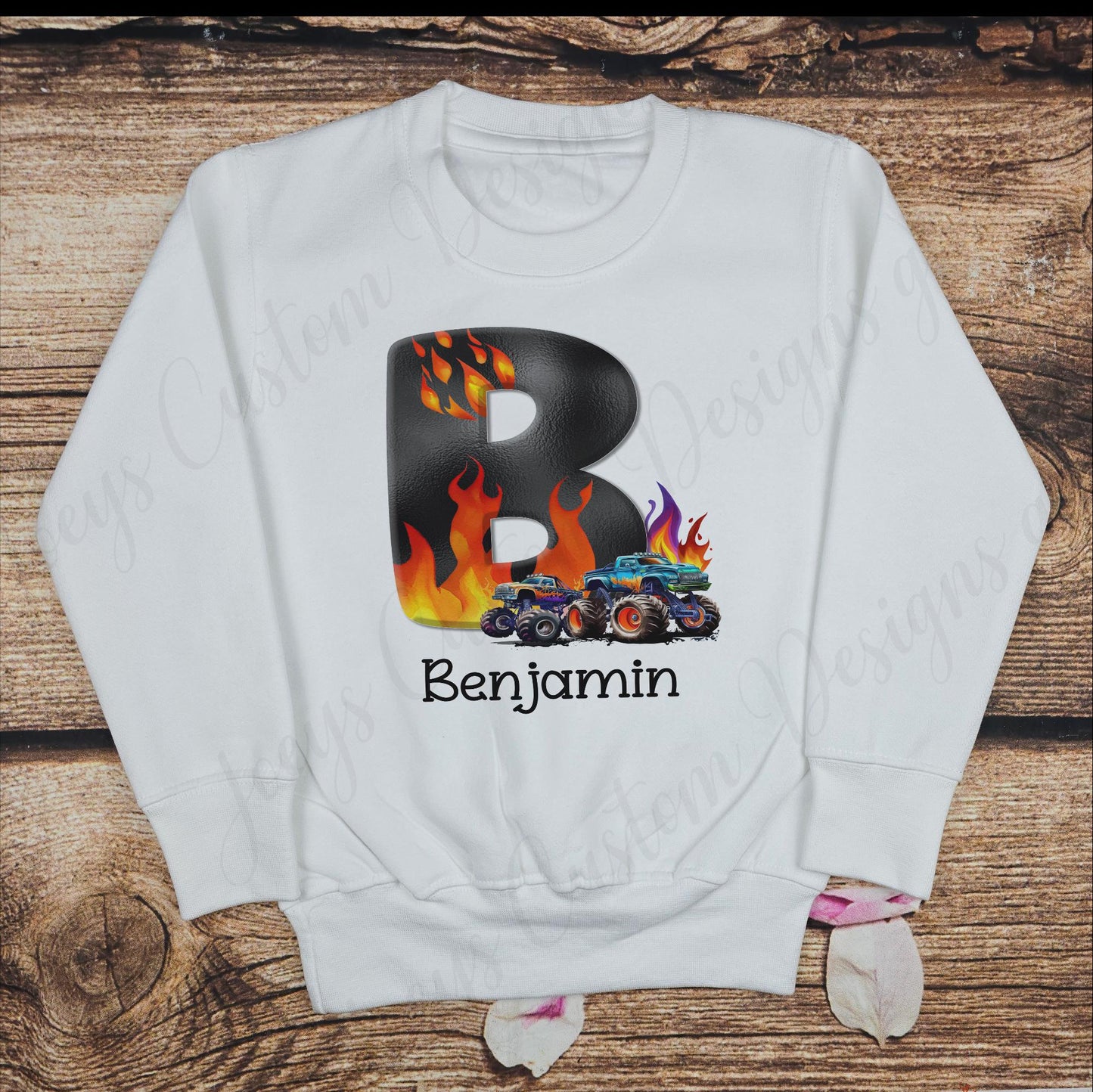 Children's Monster truck sweater, Kids personalised jumper, Initial top, cars and vehicles clothing