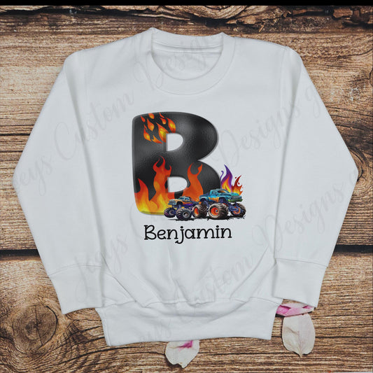 Children's Monster truck sweater, Kids personalised jumper, Initial top, cars and vehicles clothing