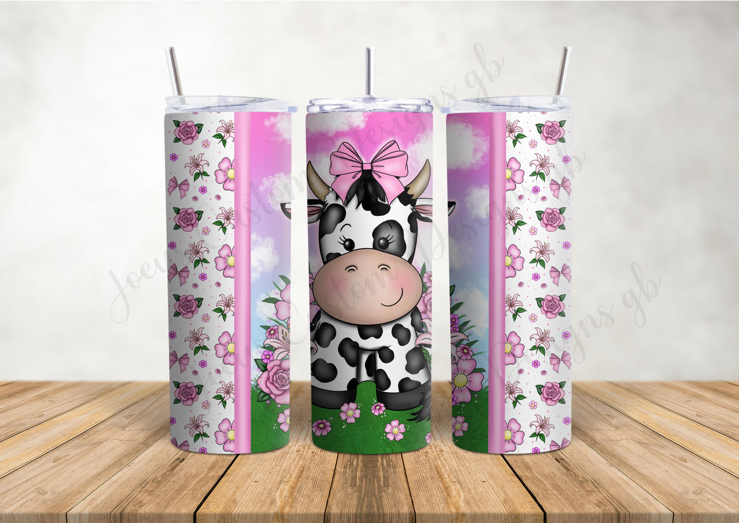 Pink Cow 20 oz tumbler, Stainless steel drinkware with straw, hot and cold drinks bottle