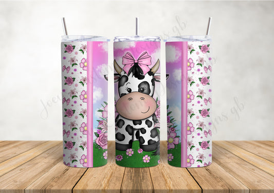 Pink Cow 20 oz tumbler, Stainless steel drinkware with straw, hot and cold drinks bottle
