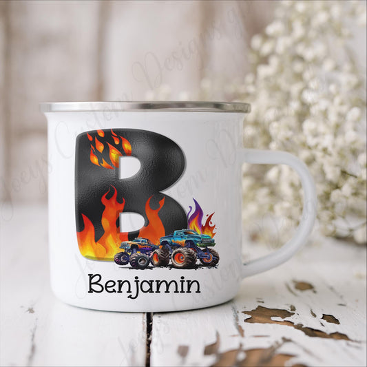 Personalised monster truck enamel mug, Initial camping cup, metal drinkware, children's drinkware