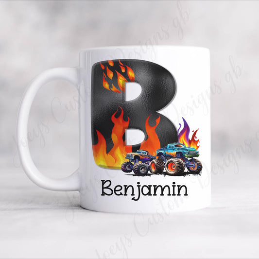 Monster truck personalised mug, Kids initial vehicle cup, 11 oz drinkware