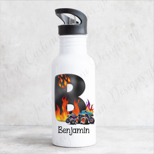Children's personalised water bottle, kids Monster truck stainless steel drinks bottle with straw, school accessories