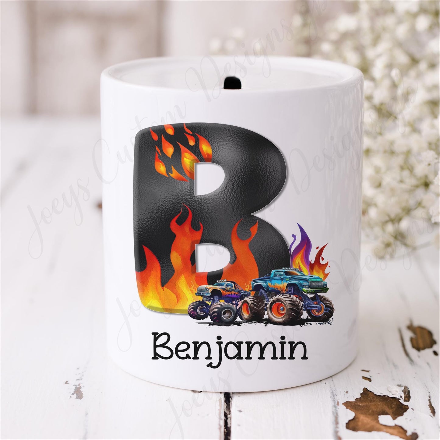 Children's personalised money box, monster truck piggy bank, gift for kids