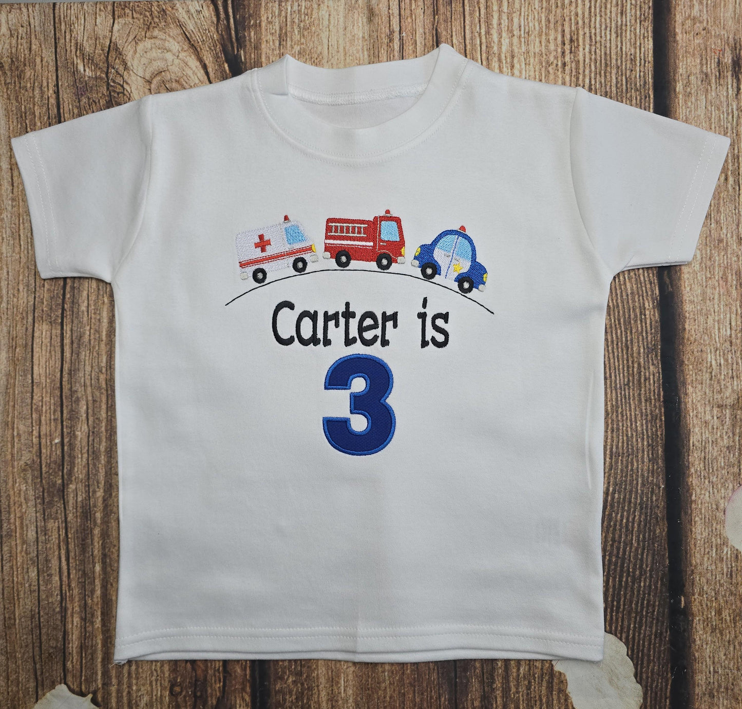 Emergency vehicle birthday t-shirt, Kids personalised celebration tee, police, fire engine, ambulance embroidered top, children's clothing