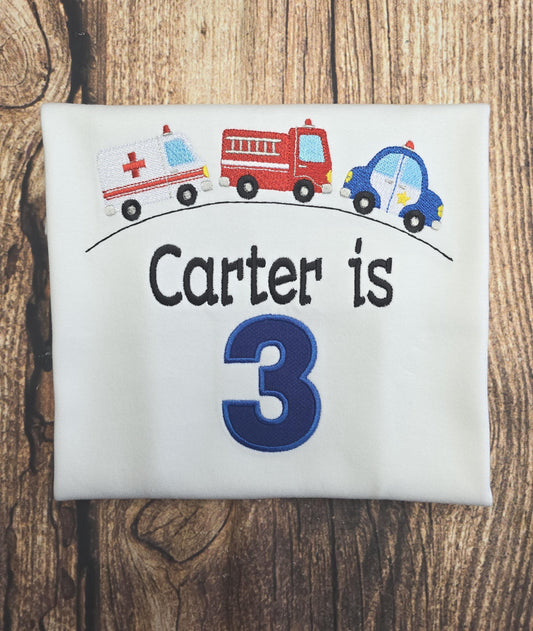 Emergency vehicle birthday t-shirt, Kids personalised celebration tee, police, fire engine, ambulance embroidered top, children's clothing