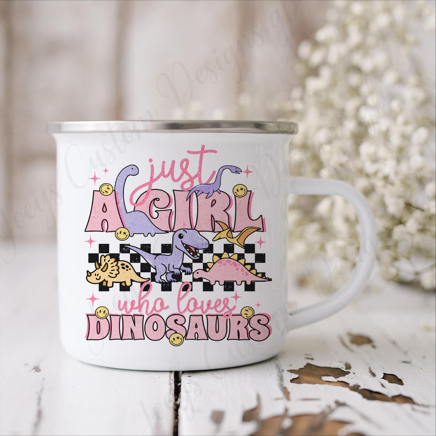 Just a girl who loves dinosaurs enamel mug, camping cup, metal drinkware, picnic accessories
