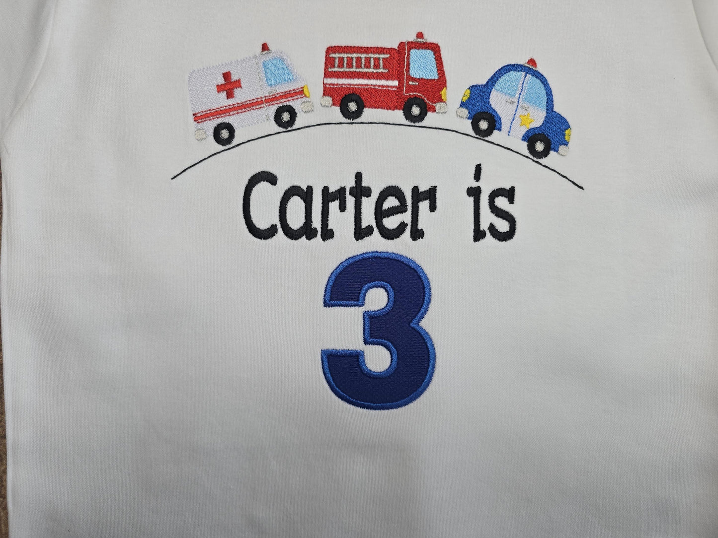Emergency vehicle birthday t-shirt, Kids personalised celebration tee, police, fire engine, ambulance embroidered top, children's clothing
