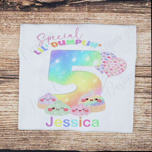 Children's personalised birthday t-shirt, kids dumpling birthday tee