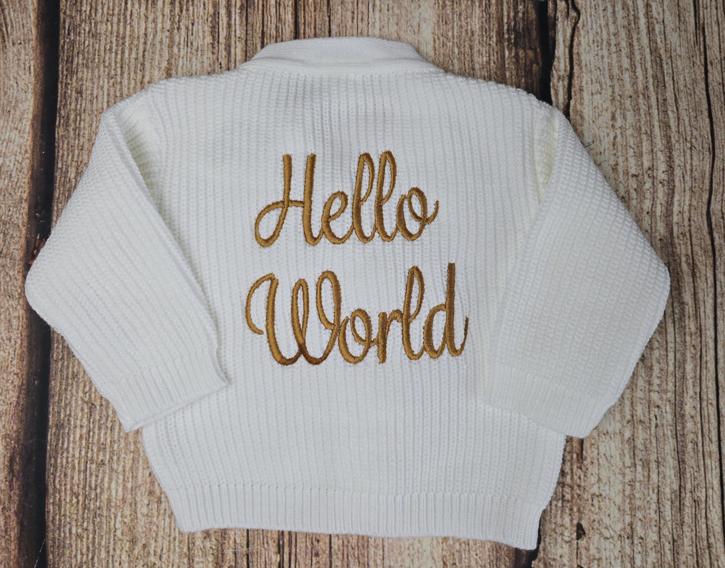 Hello world embroidered knitted cardigan, New baby gift, neutral baby clothes, baby shower gift, winter wardrobe