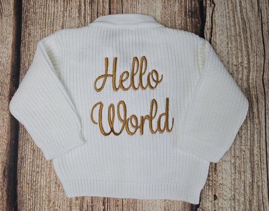 Hello world embroidered knitted cardigan, New baby gift, neutral baby clothes, baby shower gift, winter wardrobe