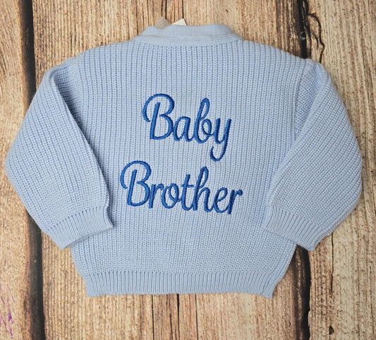 Baby brother embroidered knitted cardigan, v neck polyester cardi, sibling jumper