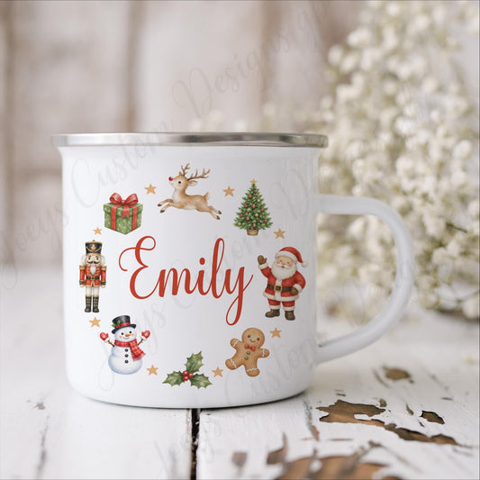 Personalised Christmas mug, enamel cup, metal drinkware, Children's Xmas drinking cup, Festive metal mug, Family matching mugs