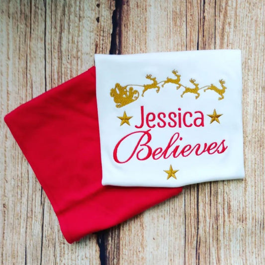 Childrens personalised Christmas pyjamas, santa on on his sleigh pjs, Believe in santa matching pyjamas, family Christmas pjs