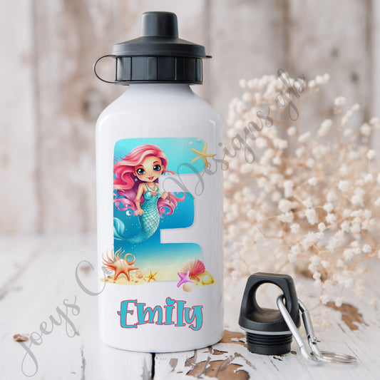 Childrens personalised water bottle, kids mermaid sports bottle, Under the sea drinks bottle, childs initial bottle aluminium drinkware.