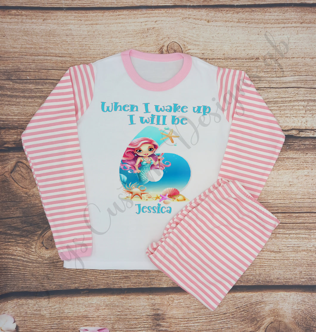 Childrens personalised birthday pyjamas, kids mermaid birthday pjs, personalised birthday giftT