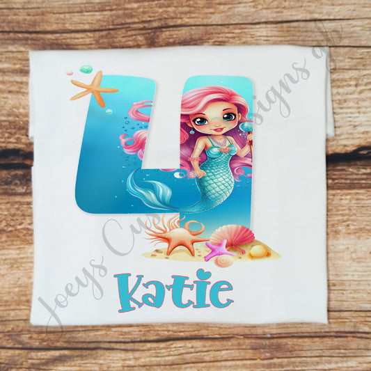 Childrens personalised birthday tshirt, Kids mermaid birthday shirt, under the seas top, childs personalised gift, birthday girl top