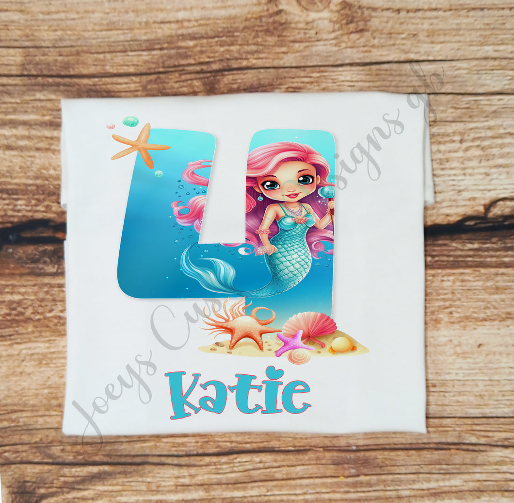 Childrens personalised birthday tshirt, Kids mermaid birthday shirt, under the seas top, childs personalised gift, birthday girl top