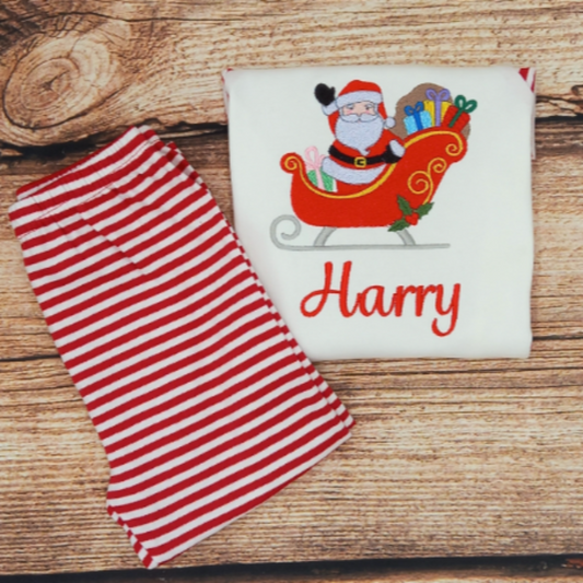 Childrens personalised Christmas pjs, Santa on his sleigh kids xmas pyjamas, family matching pjs