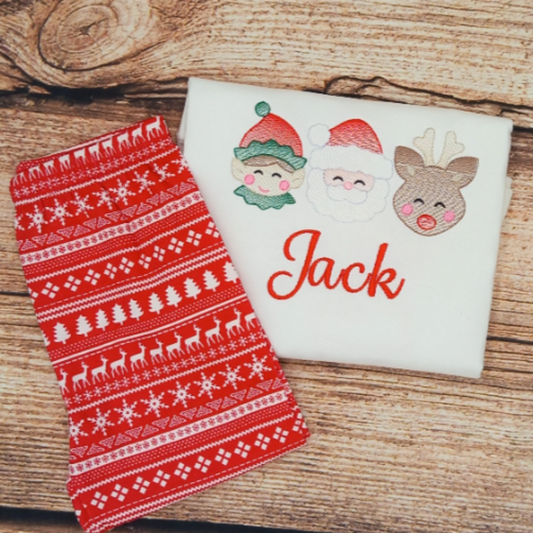 Childrens personalised Christmas pyjamas, Kids embroidered xmas pjs, Boy elf, Santa and reindeer sketch design pyjamas