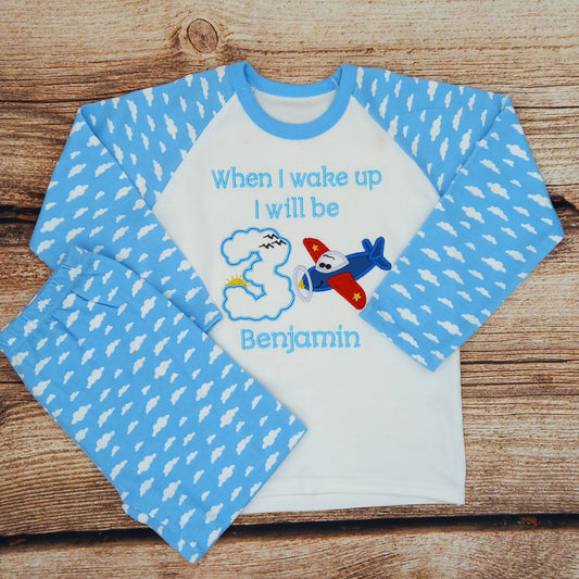 Childrens personalised birthday pyjamas, aeroplane embroidered birthday pjs