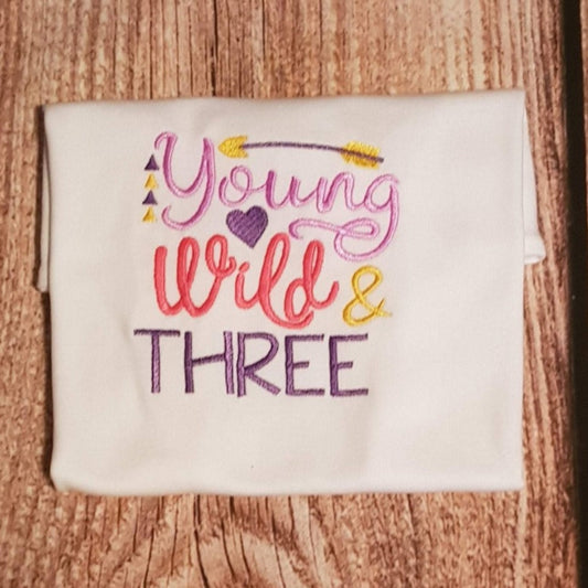Girls three year old birthday tshirt, young wild and three shirt