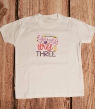 Load image into Gallery viewer, Girls three year old birthday tshirt, young wild and three shirt
