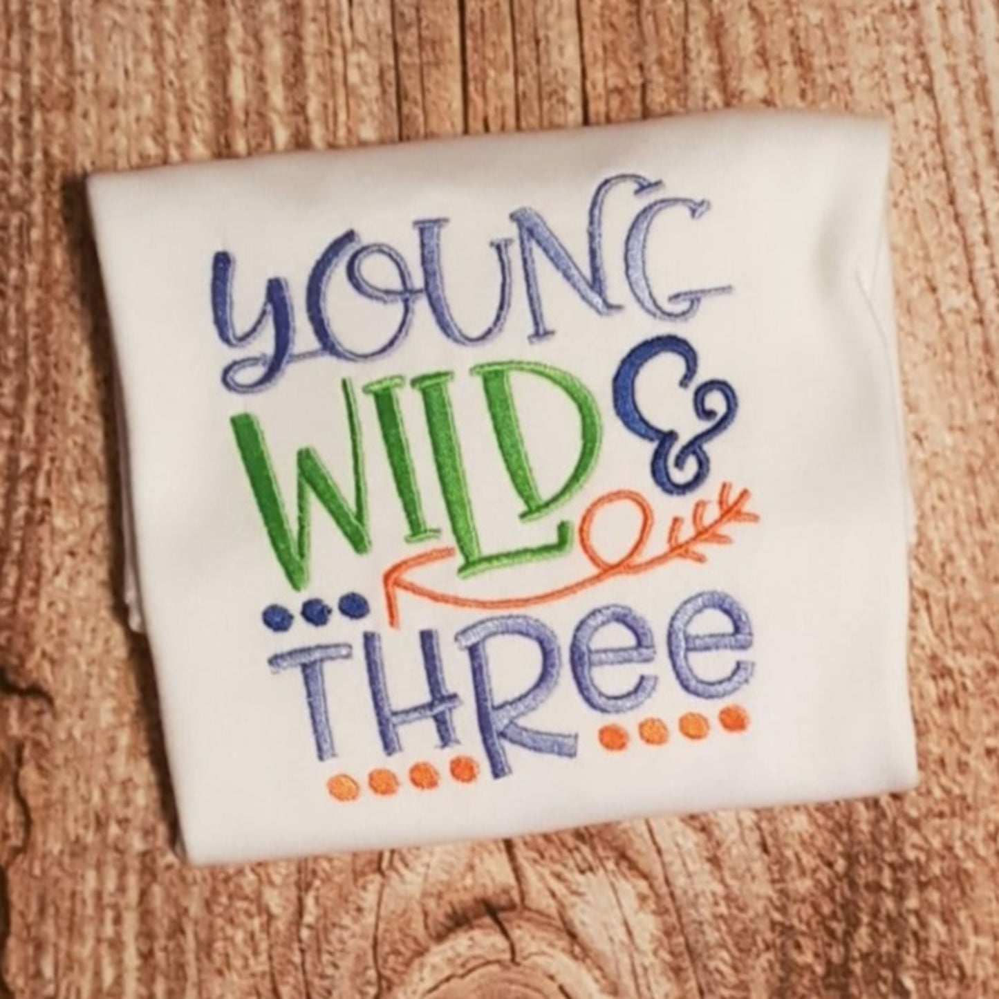 Boys three year old embroidered birthday tshirt, young wild and three shirt