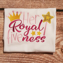 Load image into Gallery viewer, five year old embroidered birthday tshirt, Her royal fiveness shirt
