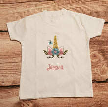 Load image into Gallery viewer, Girls personalised unicorn tshirt, childrens embroidered unicorn shirt
