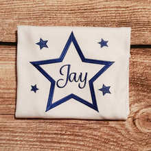 Load image into Gallery viewer, childrens embroidered star tshirt with name or initials in the middle
