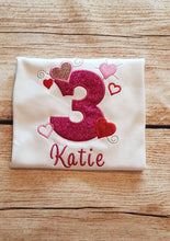 Load image into Gallery viewer, Childrens personalised heart birthday tshirt, childs embroidered birthday shirt
