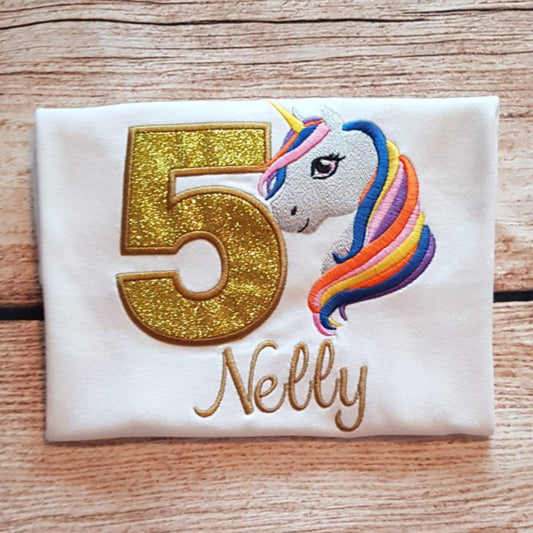 Childrens unicorn birthday tshirt, Childs personalised birthday shirt