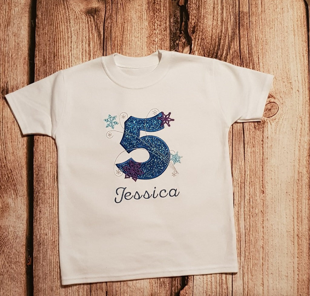 Childrens snowflake birthday tshirt, Childs personalised embroidered birthday shirt